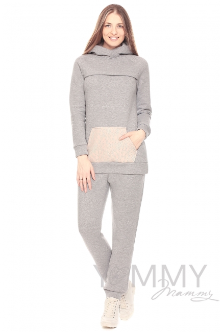 Толстовка для кормящих и беременных "худи" с начесом, серый меланж