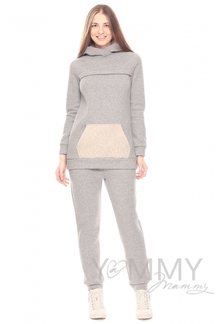 Толстовка для кормящих и беременных "худи" с начесом, серый меланж