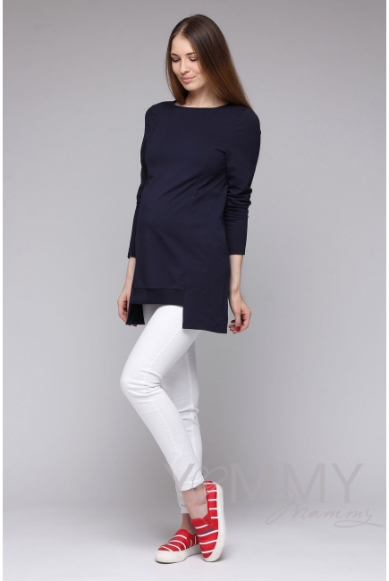 Туника для беременных и кормящих с фигурным низом, темно-синяя