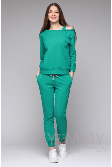 Джемпер для кормящих и беременных со спущенным плечом, зеленый