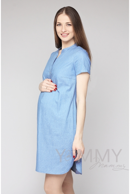 Платье-рубашка для беременных и кормящих, джинсовое в белый горошек