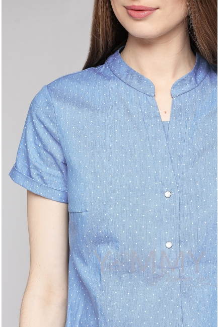 Платье-рубашка для беременных и кормящих, джинсовое в белый горошек