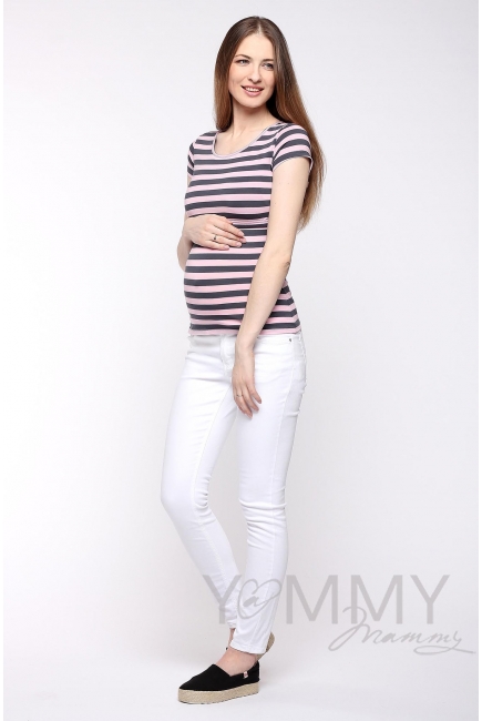 Футболка для беременных и кормящих, розовая в серую полоску