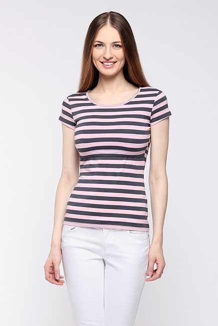 Футболка для беременных и кормящих, розовая в серую полоску