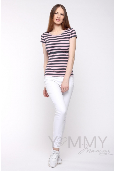 Футболка для беременных и кормящих, розовая в серую полоску