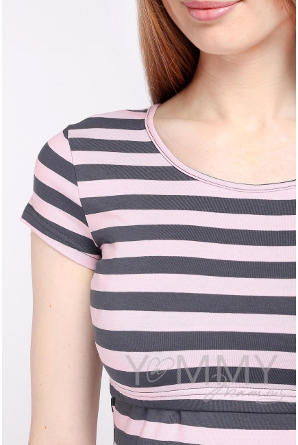 Футболка для беременных и кормящих, розовая в серую полоску