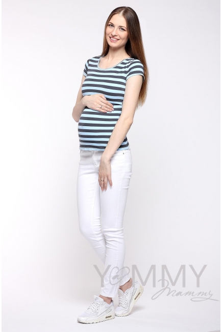 Футболка для кормящих и беременных, голубая в серую полоску