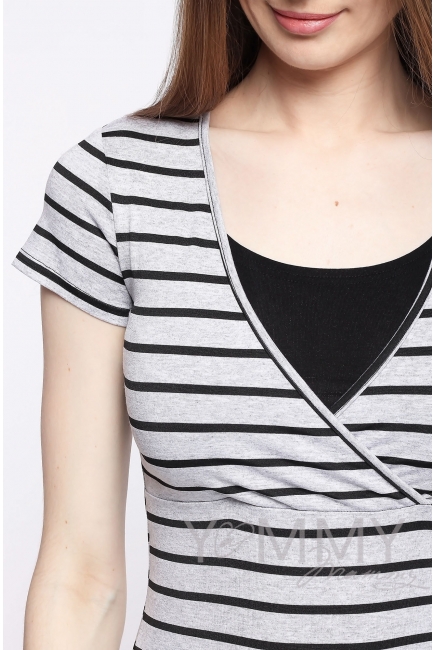 Футболка для кормящих и беременных, серый меланж в черную полоску