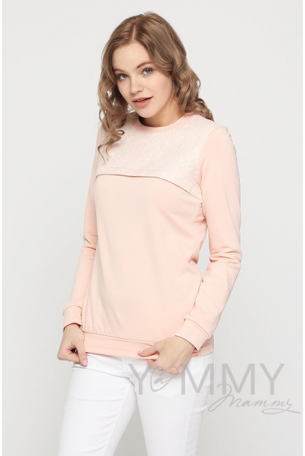 Свитшот для беременных и кормящих с секретом на молнии, розовый с кружевной вставкой