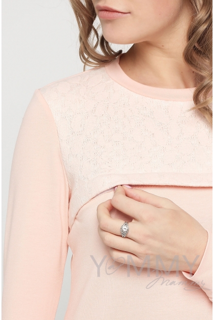 Свитшот для беременных и кормящих с секретом на молнии, розовый с кружевной вставкой