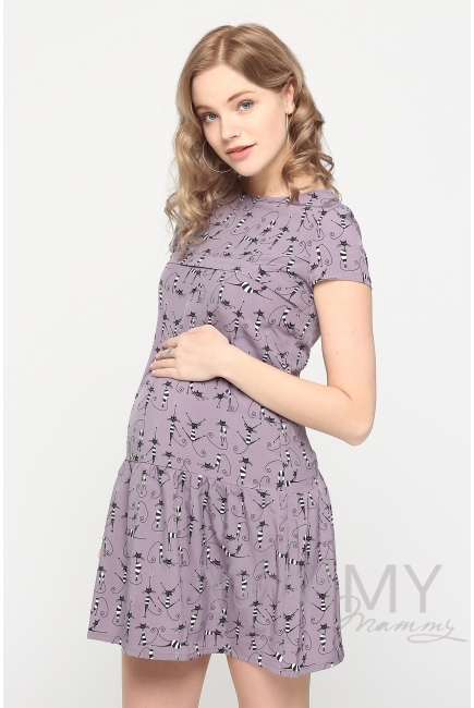 Платье для беременных и кормящих с воланом, темно-сиреневое с принтом "коты"