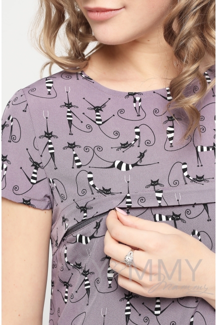 Платье для беременных и кормящих с воланом, темно-сиреневое с принтом "коты"