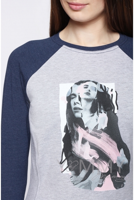 Футболка для беременных и кормящих, серый меланж/синий меланж с принтом