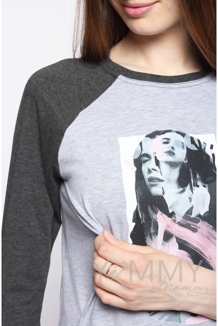 Футболка для кормящих и беременных, серый меланж/темно-серый меланж с принтом