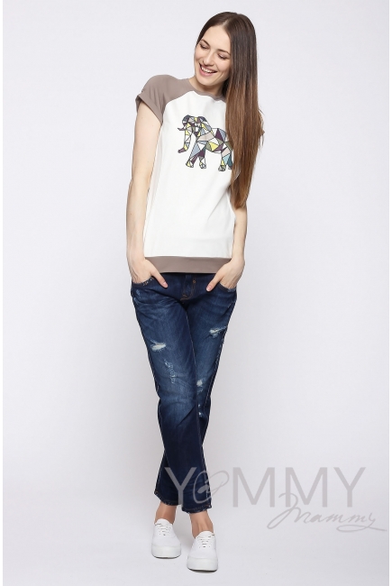 Футболка для беременных и кормящих, экрю/темно-бежевая с принтом