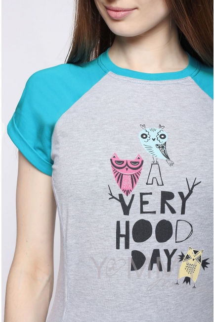 Футболка для беременных и кормящих, серый меланж/бирюза с принтом