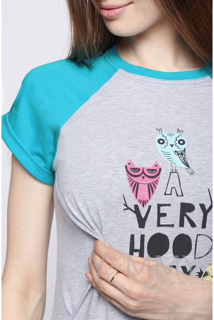 Футболка для беременных и кормящих, серый меланж/бирюза с принтом