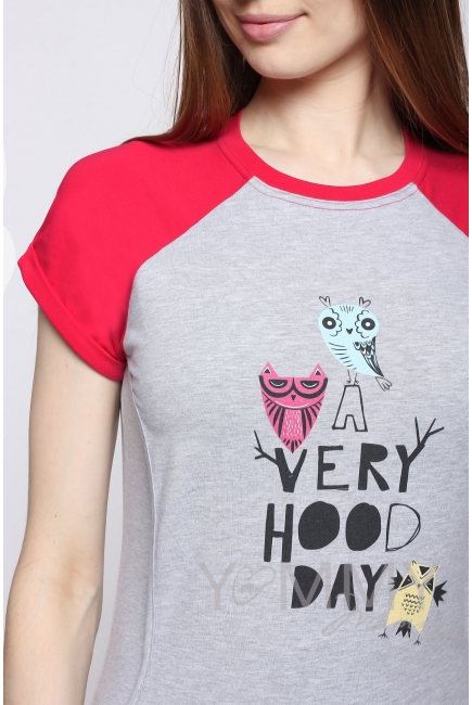 Футболка для кормящих и беременных, серый меланж/фуксия с принтом