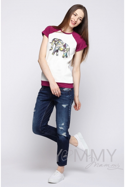 Футболка для кормящих и беременных, экрю/сливовая с принтом