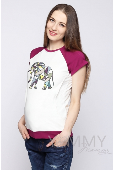 Футболка для кормящих и беременных, экрю/сливовая с принтом