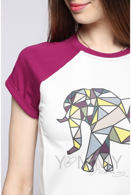 Футболка для кормящих и беременных, экрю/сливовая с принтом