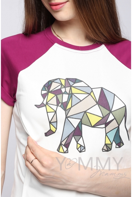 Футболка для кормящих и беременных, экрю/сливовая с принтом