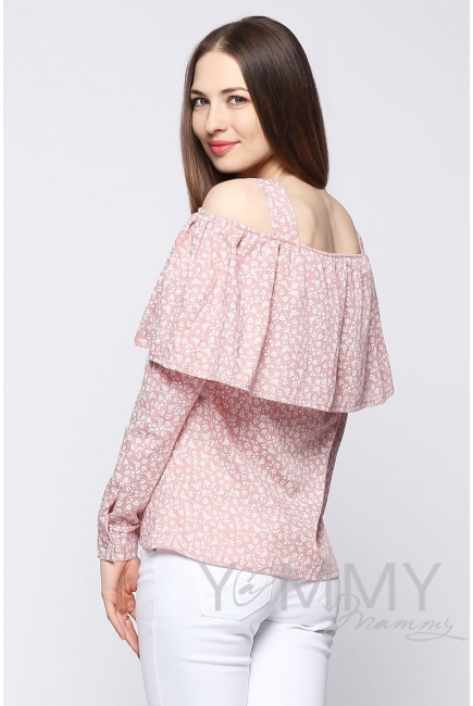 Блуза для беременных и кормящих с воланом, розовая с цветочным принтом