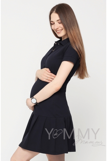Платье поло для кормящих и беременных с воланом, темно-синее