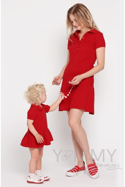 Платье для кормящих и беременных поло с воланом, красное