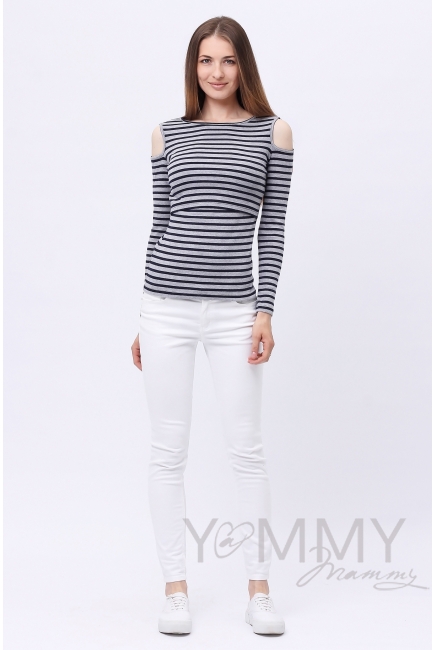 Топ для кормящих и беременных с вырезами на плечах, серый меланж в синюю полоску