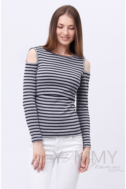 Топ для кормящих и беременных с вырезами на плечах, серый меланж в синюю полоску