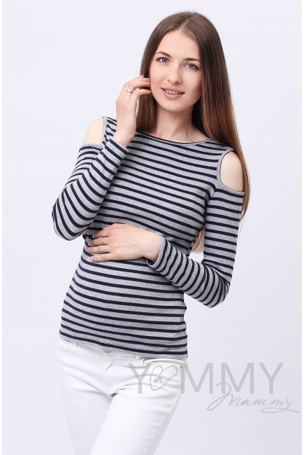 Топ для кормящих и беременных с вырезами на плечах, серый меланж в синюю полоску