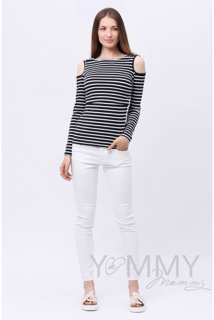 Лонгслив с вырезами на плечах для кормящих и беременных, синий в белую полоску