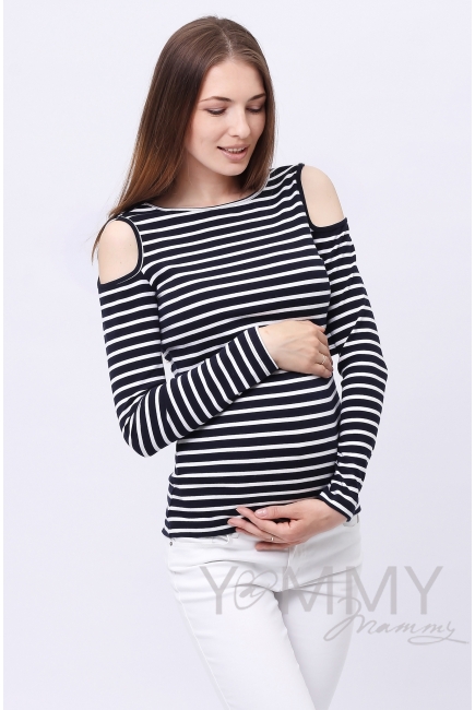Лонгслив с вырезами на плечах для кормящих и беременных, синий в белую полоску