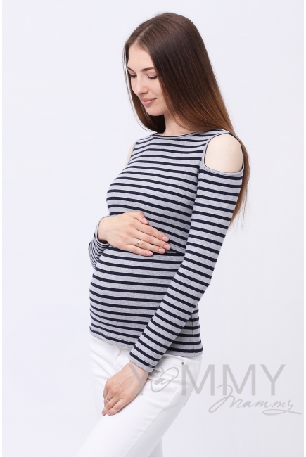 Топ для кормящих и беременных с вырезами на плечах, серый меланж в синюю полоску