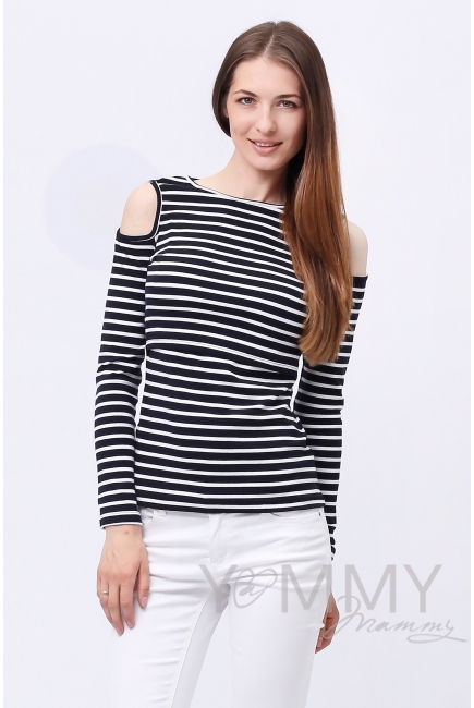 Лонгслив с вырезами на плечах для кормящих и беременных, синий в белую полоску