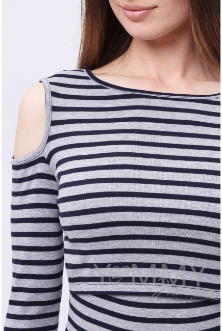 Топ для кормящих и беременных с вырезами на плечах, серый меланж в синюю полоску