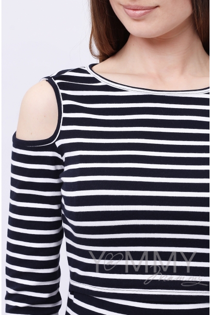 Лонгслив с вырезами на плечах для кормящих и беременных, синий в белую полоску
