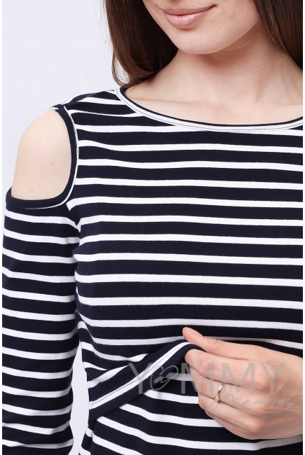 Лонгслив с вырезами на плечах для кормящих и беременных, синий в белую полоску