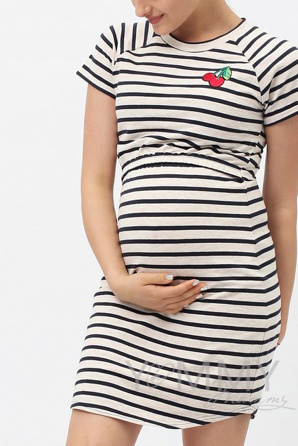 Платье для кормящих и беременных, в полоску с вышивкой вишня