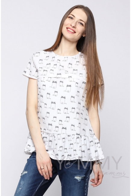 Блуза с воланом для кормящих и беременных, белая с принтом "коты"