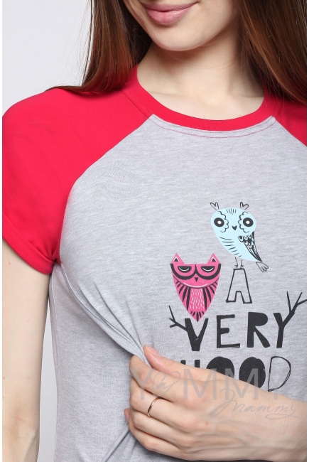 Футболка для кормящих и беременных, серый меланж/фуксия с принтом