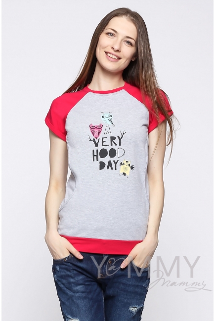 Футболка для кормящих и беременных, серый меланж/фуксия с принтом