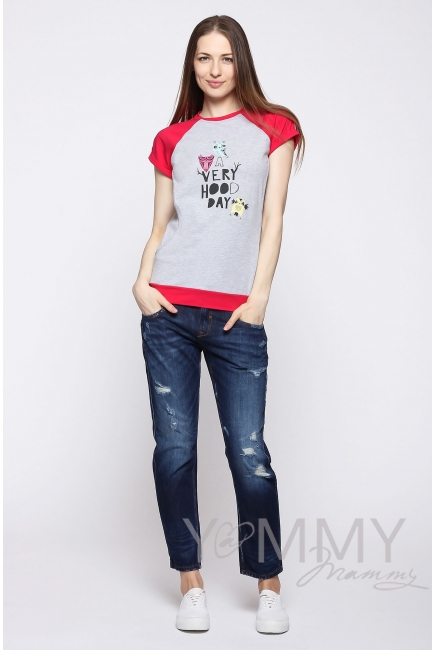 Футболка для кормящих и беременных, серый меланж/фуксия с принтом