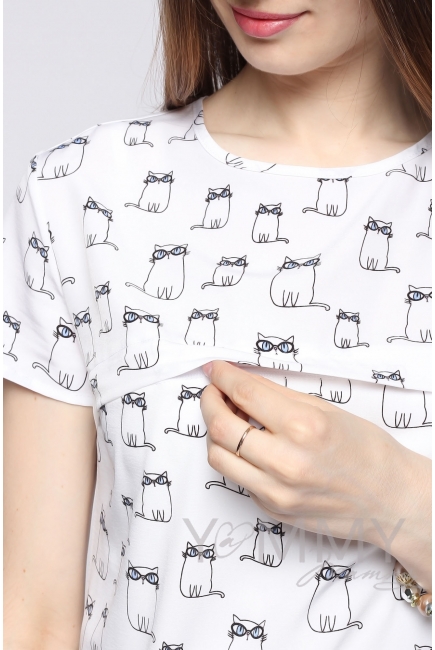 Блуза с воланом для кормящих и беременных, белая с принтом "коты"