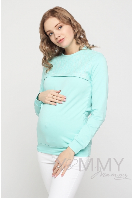Свитшот для беременных и кормящих с секретом на молнии, ментол с кружевной вставкой