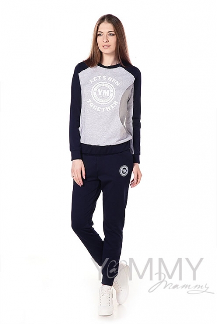 Толстовка для кормящих и беременных с принтом серый меланж, цвет темно-синий