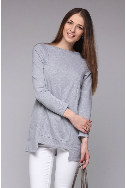 Туника с фигурным низом для беременных и кормящих, серый меланж
