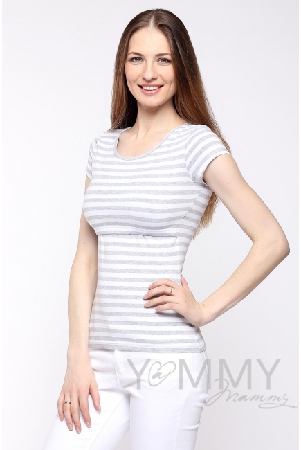 Футболка для беременных и кормящих, белая в серую полоску меланж