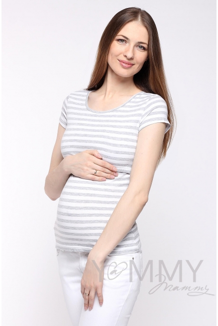 Футболка для беременных и кормящих, белая в серую полоску меланж
